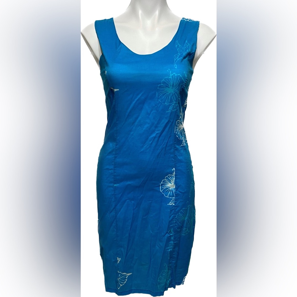 CARIBELLE BATIK COTTON CARIBBEAN BLUE FLORAL TROPICAL SHEATH DRESS
